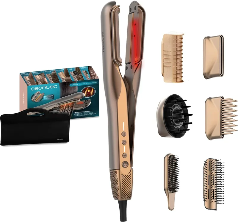 Cecotec ▫️ Alisador de Cabelo a Ar - Placa de Vibração - 6 Acessórios - AirLisse 6in1 iTwerk Champagne. 1000W, 112000rpm, Placas de Aquecimento Duplas, Tecnologia de Infravermelhos, 3 Modos, Plasma