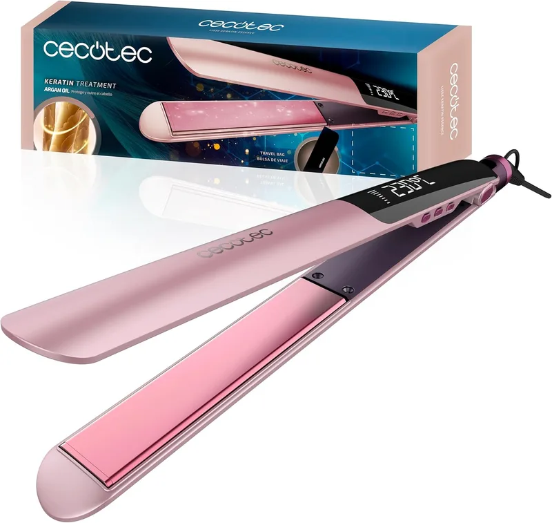 Cecotec ▫️ Alisador de cabelo estreito - Cerâmica - Lisse Keratin Essence Cotton Candy. Função HeatMax, 130-230 ºC, revestimento com queratina e óleo de argão, cabo giratório, bolsa de viagem