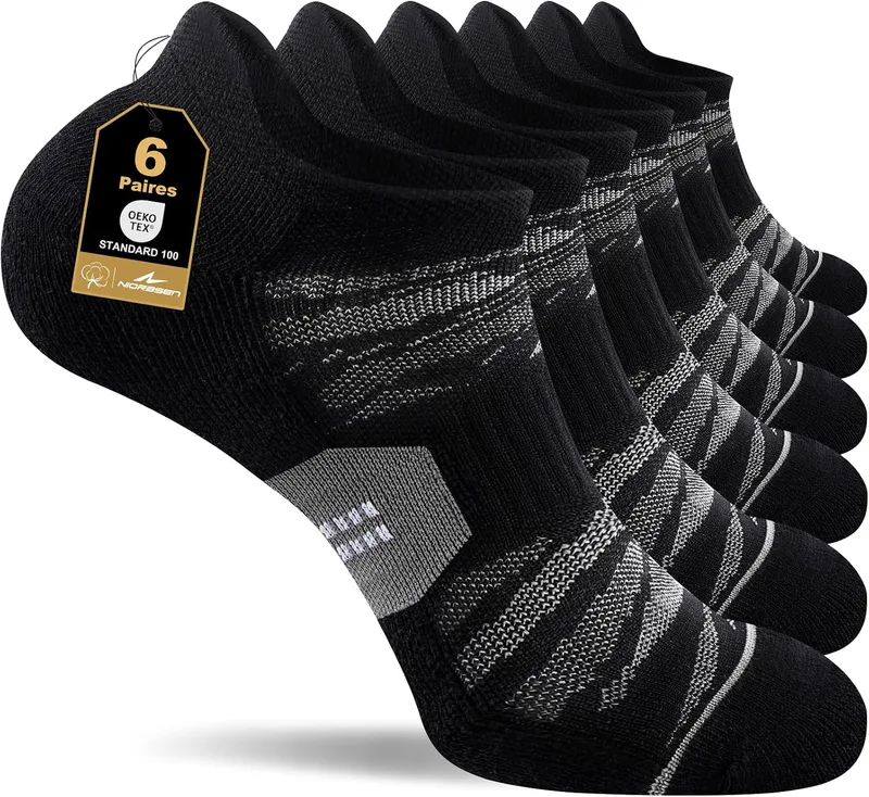 Niorasen ▫️ Meias de desporto para homem e mulher, respiráveis, curtas e almofadadas, meias de corrida unissexo, meias para homem – 6 pares em branco e preto