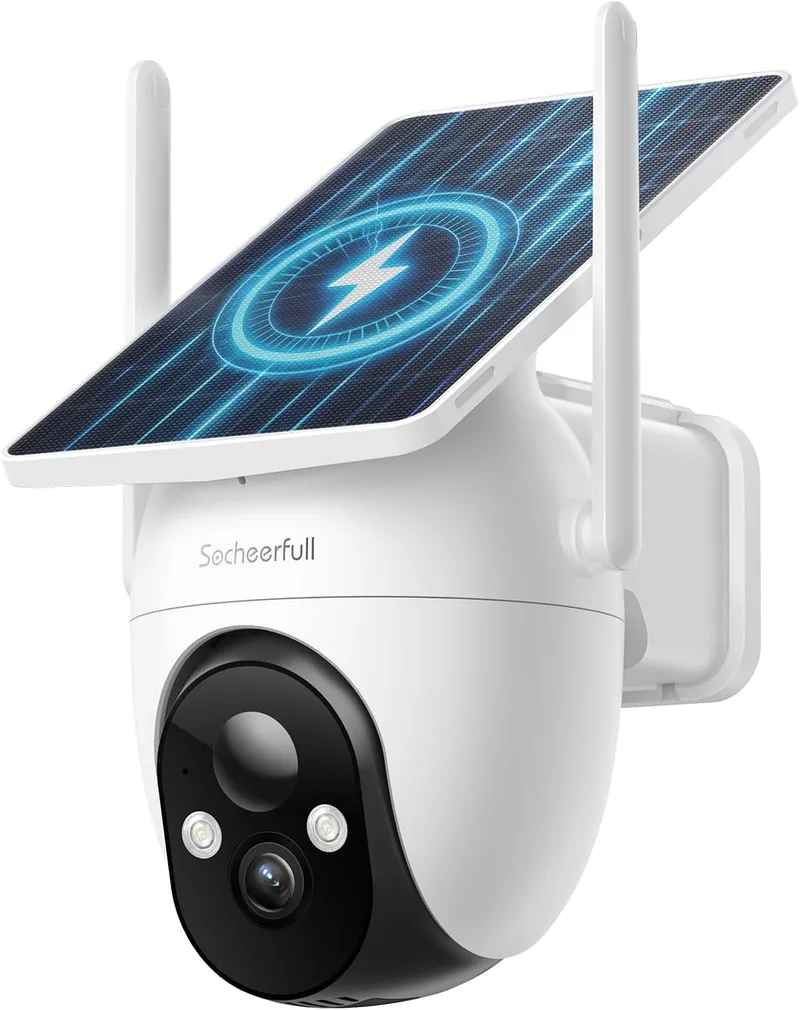 Socheerfull ▫️ Câmara de vigilância exterior 2K com alimentação solar e Wi-Fi, PTZ de 360°, sem fios | Painel solar integrado, carregamento em dias nublados, deteção de pessoas por PIR, alerta de perigo, visão noturna a cores, IP66