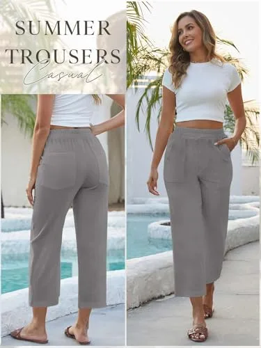 CheChury ▫️ Calças de Verão para Mulher em Linho e Algodão, Casuais, de Cintura Alta, Elásticas, Calças Retas de Verão com Bolsos, Leves e Confortáveis, Largas, Calças Palazzo, Calças de Praia, Férias 4