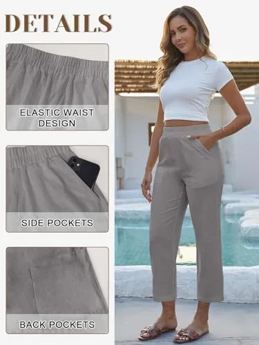 CheChury ▫️ Calças de Verão para Mulher em Linho e Algodão, Casuais, de Cintura Alta, Elásticas, Calças Retas de Verão com Bolsos, Leves e Confortáveis, Largas, Calças Palazzo, Calças de Praia, Férias 5