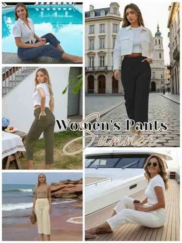 CheChury ▫️ Calças de Verão para Mulher em Linho e Algodão, Casuais, de Cintura Alta, Elásticas, Calças Retas de Verão com Bolsos, Leves e Confortáveis, Largas, Calças Palazzo, Calças de Praia, Férias 6
