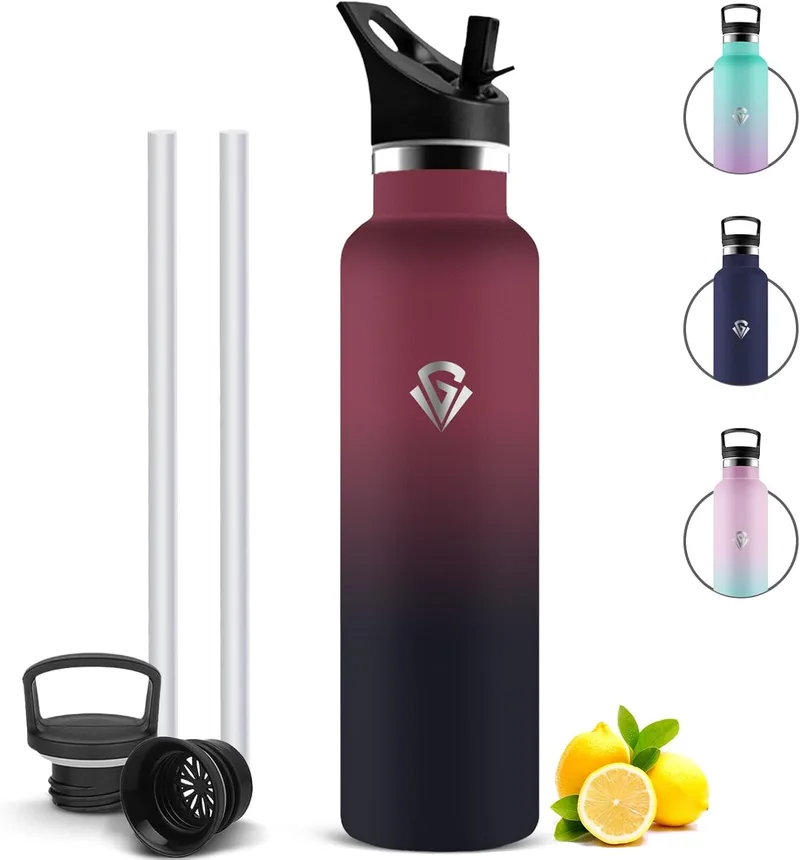 Mujigaga ▫️ Garrafa de água em aço inoxidável, garrafa térmica de 1 litro sem BPA com palhinha, garrafa térmica com 2 tampas, garrafa térmica à prova de fugas para a escola, campismo, fitness, ginásio