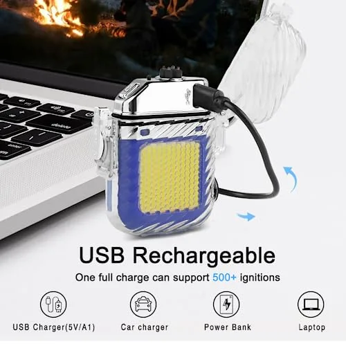 SUPRUS ▫️ Isqueiro luminoso com 3 modos de lanterna, resistente ao vento, à prova de água, isqueiro elétrico, recarregável, de plasma de duplo arco, com apito de emergência de sobrevivência e 5