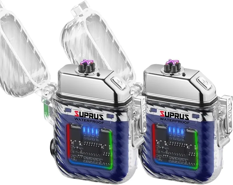 SUPRUS ▫️ Isqueiro luminoso com 3 modos de lanterna, resistente ao vento, à prova de água, isqueiro elétrico, recarregável, de plasma de duplo arco, com apito de emergência de sobrevivência e