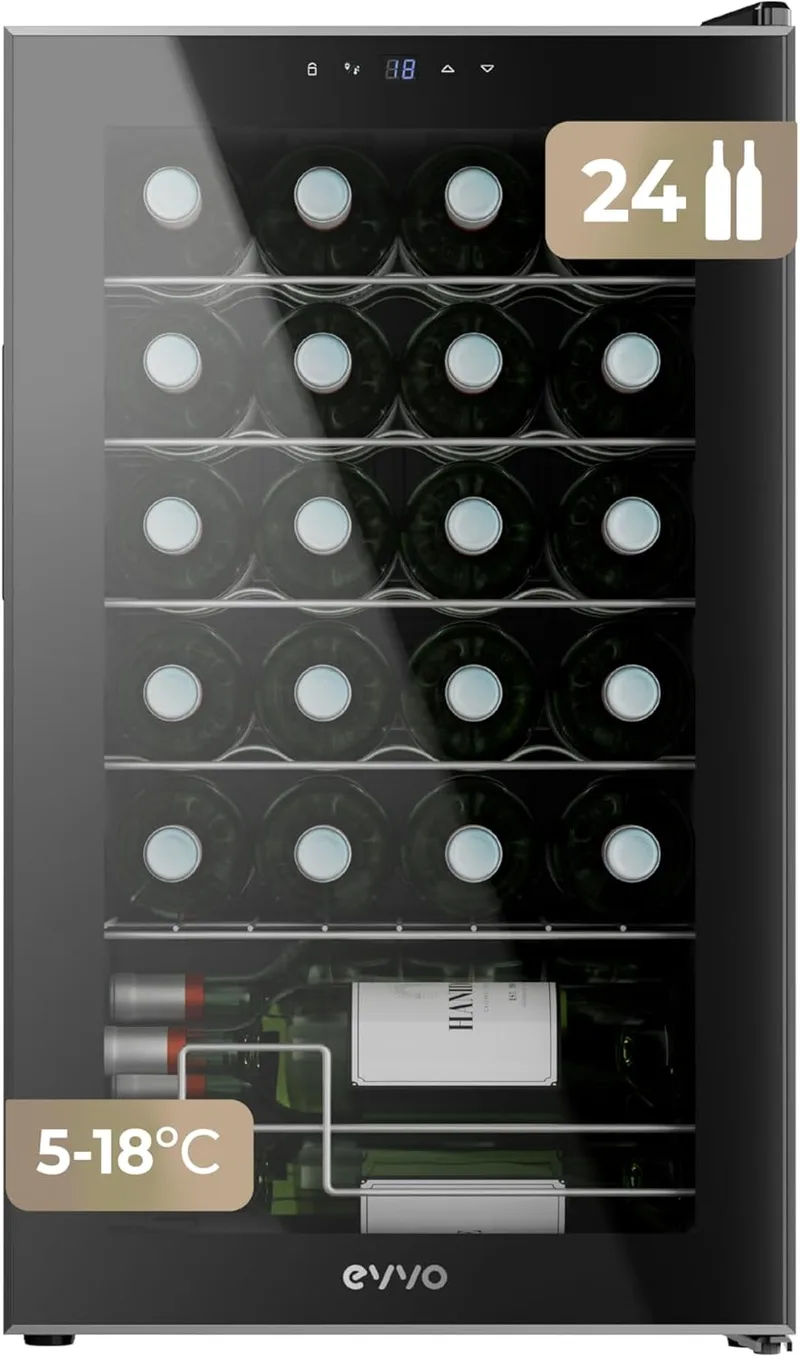 EVVO ▫️ Vinoteca VT24 - Refrigerador de Vinho 24 Garrafas, Refrigerador de Vinho Silencioso, Frigorífico de Vinho Pequeno, Mini Frigorífico de Vinho, Mini Bar, Estante de Vinho Vertical