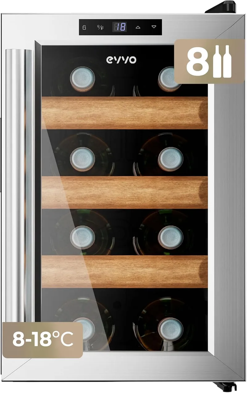EVVO ▫️ Vinoteca VT8 Inox – Refrigerador de garrafas de vinho com capacidade para 8 garrafas, pequena vinoteca em aço inoxidável, frigorífico para vinhos silencioso, mini-frigorífico tipo minibar e garrafeira vertical