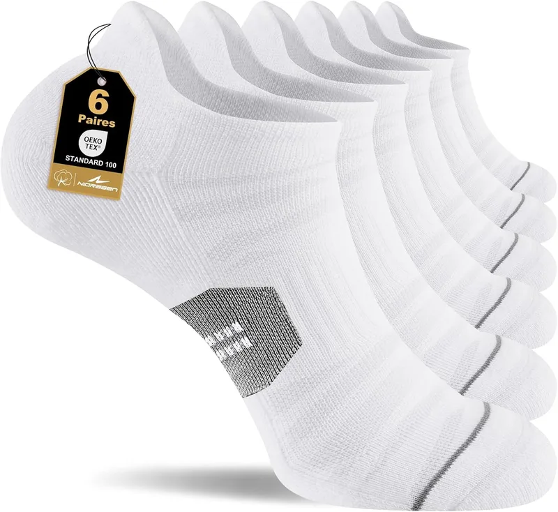 Niorasen ▫️ Meias desportivas para homem e mulher, respiráveis, curtas e almofadadas, meias de corrida unissexo, meias para homem – 6 pares em branco e preto