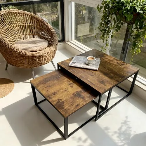 Relaxdays ▫️ Conjunto de 2 mesas auxiliares, design industrial, 65/75 cm, efeito de madeira e metal, quadradas, castanho/preto 2