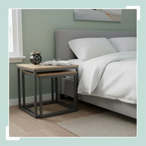 Relaxdays ▫️ Conjunto de 2 mesas auxiliares, design industrial, 65/75 cm, efeito de madeira e metal, quadradas, castanho/preto 3
