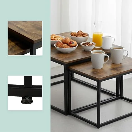 Relaxdays ▫️ Conjunto de 2 mesas auxiliares, design industrial, 65/75 cm, efeito de madeira e metal, quadradas, castanho/preto 6