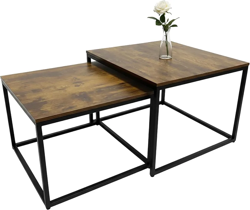 Relaxdays ▫️ Conjunto de 2 mesas auxiliares, design industrial, 65/75 cm, efeito de madeira e metal, quadradas, castanho/preto