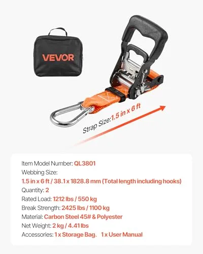 VEVOR ▫️ Cintas de catraca, 38,1 mm x 1,8 m, com mosquetões, resistência à ruptura de 1100 kg, saco de transporte, para mudanças, reboques, motociclos, caiaques, tejadilho do carro, Embalagem de 2 7