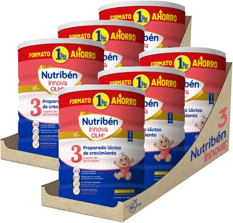 Nutribén ▫️ Innova 3 - Leite em Pó para Bebés | Fórmula de Crescimento a partir dos 12 Meses | Sem Óleo de Palma | Com Colher de Medida Higiénica | Com BPL1 | 6 Frascos de 1KG
