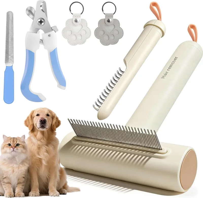 ALLFYL ▫️ Pente de ancinho 3 em 1 para cães e gatos - Ancinho para controlo da queda e do desembaraço do pelo - Com corta-unhas (proteção de segurança) e porta-chaves com lembrete de pelo