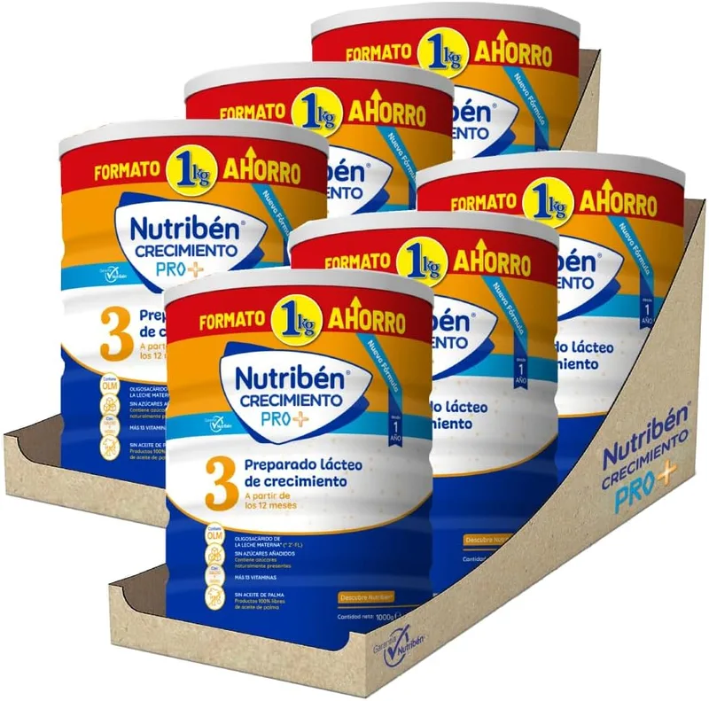 Nutribén ▫️ Crecimiento Pro+ 3 - Leite em pó para bebés a partir dos 12 meses | Sem óleo de palma | Com 13 vitaminas | 6 frascos de 1KG