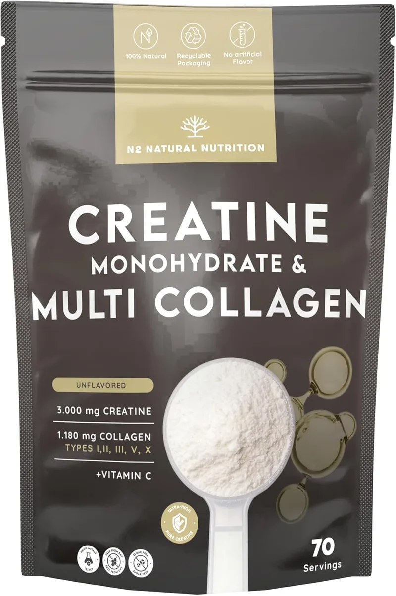 N2 Natural Nutrition ▫️ . Creatina monohidratada + colagénio hidrolisado múltiplo com vitamina C em pó (70 doses) 3000 mg de creatina + colagénio I, II, III, V e X – Sem sabor – Apoio muscular, articulações, pele