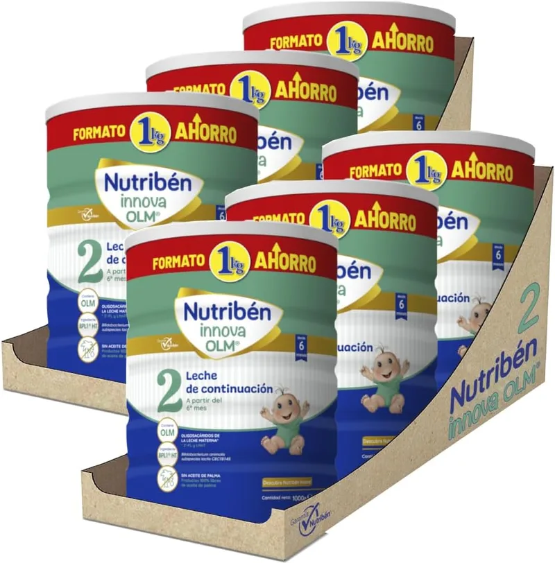Nutribén ▫️ Innova 2 - Leite em pó para bebés de 6 meses e mais velhos | Sem óleo de palma | Com colher doseadora | Com OLM, BPL1 e DHA | 6 frascos de 1KG