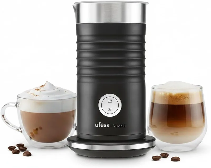 Ufesa ▫️ Batedor de leite elétrico Nuvella, potência 600 W, capacidade 200 ml, 3 funções, espuma quente e fria, aquecedor de leite, tecnologia magnética, jarro antiaderente