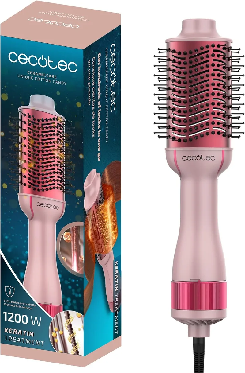 Cecotec ▫️ Escova de Ar Volumizadora CeramicCare Unique Cotton Candy. 1200 W, Revestimento cerâmico com queratina e óleo de argão, 3 modos, ponta fria, sistema de proteção