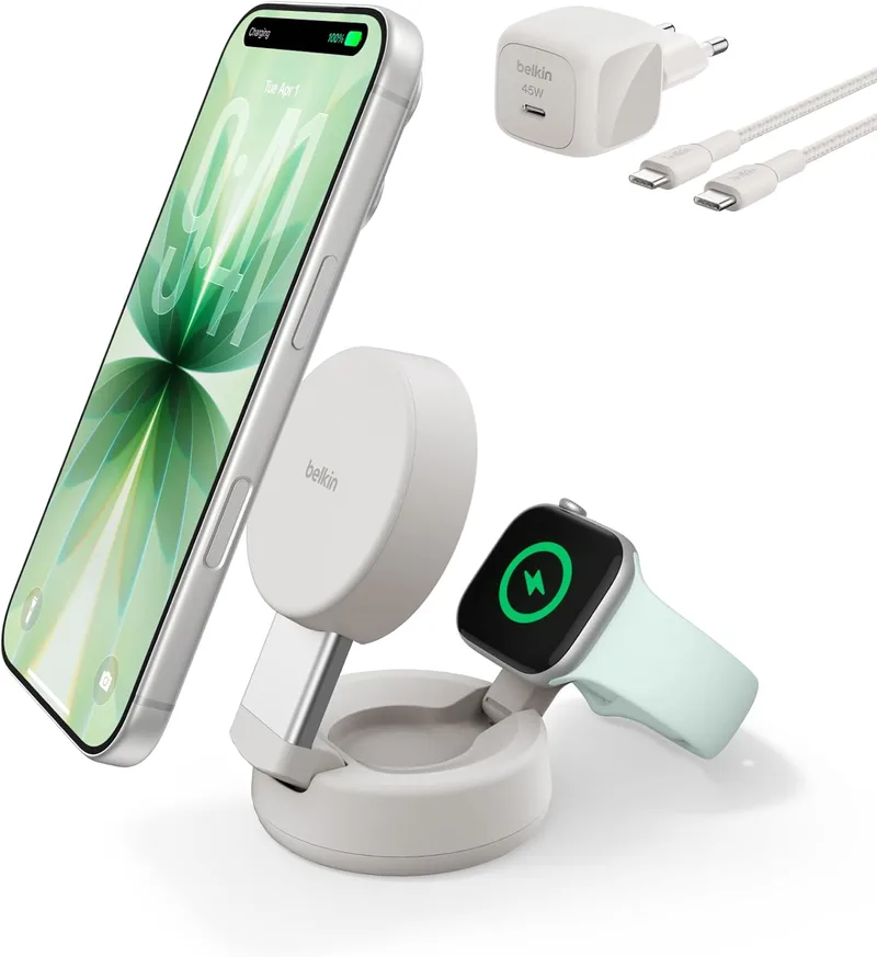 Belkin ▫️ Carregador sem fios UltraCharge 2 em 1 para iPhone com MagSafe, carregador magnético conversível, Qi2 25 W, compatível com iPhone 17, Apple Watch Série 10 e Pixelsnap, fonte de alimentação de 45 W, bege
