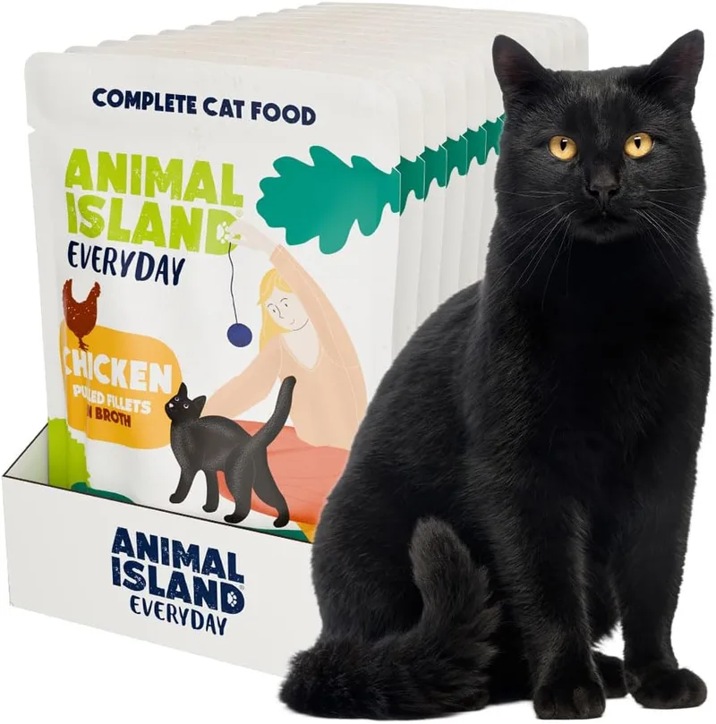 Animal Island ▫️ Comida Húmida para Gatos: Filetes de Frango em Caldo – Alimento Completo Sem Cereais para Gatos Adultos e Gatinhos – Pedaços de Aves Desfiados – Embalagem de Saquetas Monodose Suculentas, 12 x 85 g