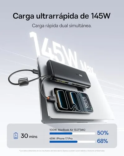 Baseus ▫️ FC41 145 W 25 000 mAh Powerbank para carregamento rápido de portáteis, com 2 cabos USB-C integrados. Baterias externas para telemóveis, compatíveis com MacBook Pro, iPhone 17/16/15, DELL, HP, SteamDeck, Samsung, Preto 2