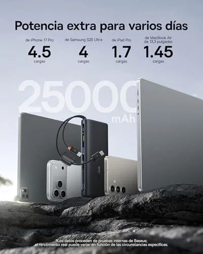 Baseus ▫️ FC41 145 W 25 000 mAh Powerbank para carregamento rápido de portáteis, com 2 cabos USB-C integrados. Baterias externas para telemóveis, compatíveis com MacBook Pro, iPhone 17/16/15, DELL, HP, SteamDeck, Samsung, Preto 4