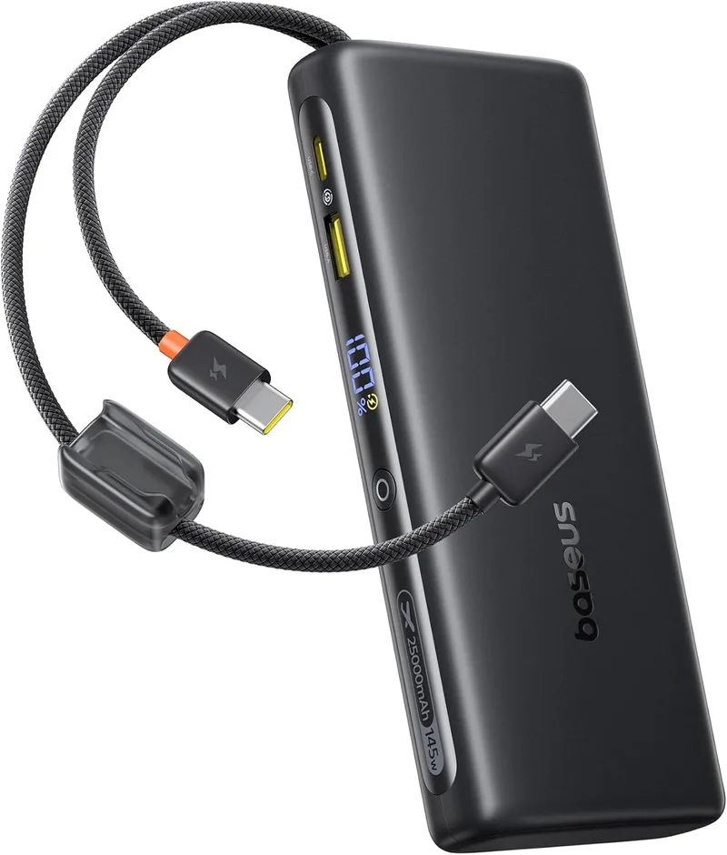Baseus ▫️ FC41 145 W 25 000 mAh Powerbank para carregamento rápido de portáteis, com 2 cabos USB-C integrados. Baterias externas para telemóveis, compatíveis com MacBook Pro, iPhone 17/16/15, DELL, HP, SteamDeck, Samsung, Preto