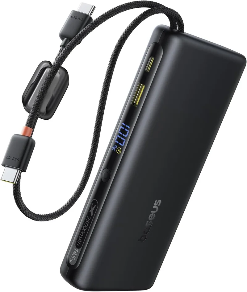 Baseus ▫️ FC41 145 W 25 000 mAh Powerbank para carregamento rápido de portáteis, com 2 cabos USB-C integrados. Baterias externas para telemóveis, compatíveis com MacBook Pro, iPhone 17/16/15, DELL, HP, SteamDeck, Samsung, Preto