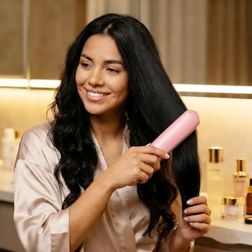 ZZJTPA ▫️ Escova alisadora de cabelo sem fios, escovagem lisa sem fio, penteado liso com função de carregamento USB, escovagem lisa com iões negativos dois em um para salão profissional (Rosa) 7