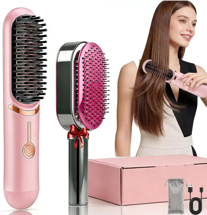 ZZJTPA ▫️ Escova alisadora de cabelo sem fios, escovagem lisa sem fio, penteado liso com função de carregamento USB, escovagem lisa com iões negativos dois em um para salão profissional (Rosa)