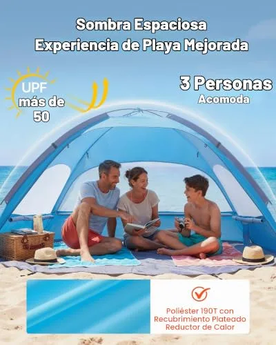 VEVOR ▫️ Tenda de Praia para 3 Pessoas, Tenda de Proteção Solar com Fator de Proteção UPF 50+, Tenda de Praia Portátil com Saco de Transporte e Bolsos para Areia, para Acampar, Pescar e Fazer Piqueniques ao Ar Livre 2