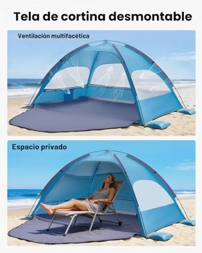 VEVOR ▫️ Tenda de Praia para 3 Pessoas, Tenda de Proteção Solar com Fator de Proteção UPF 50+, Tenda de Praia Portátil com Saco de Transporte e Bolsos para Areia, para Acampar, Pescar e Fazer Piqueniques ao Ar Livre 3