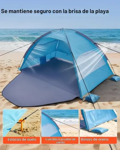 VEVOR ▫️ Tenda de Praia para 3 Pessoas, Tenda de Proteção Solar com Fator de Proteção UPF 50+, Tenda de Praia Portátil com Saco de Transporte e Bolsos para Areia, para Acampar, Pescar e Fazer Piqueniques ao Ar Livre 4