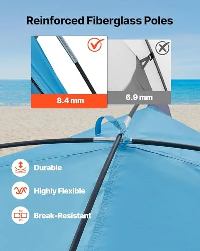 VEVOR ▫️ Tenda de Praia para 3 Pessoas, Tenda de Proteção Solar com Fator de Proteção UPF 50+, Tenda de Praia Portátil com Saco de Transporte e Bolsos para Areia, para Acampar, Pescar e Fazer Piqueniques ao Ar Livre 5