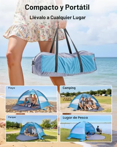 VEVOR ▫️ Tenda de Praia para 3 Pessoas, Tenda de Proteção Solar com Fator de Proteção UPF 50+, Tenda de Praia Portátil com Saco de Transporte e Bolsos para Areia, para Acampar, Pescar e Fazer Piqueniques ao Ar Livre 6