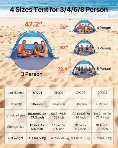 VEVOR ▫️ Tenda de Praia para 3 Pessoas, Tenda de Proteção Solar com Fator de Proteção UPF 50+, Tenda de Praia Portátil com Saco de Transporte e Bolsos para Areia, para Acampar, Pescar e Fazer Piqueniques ao Ar Livre 7