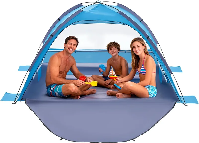 VEVOR ▫️ Tenda de Praia para 3 Pessoas, Tenda de Proteção Solar com Fator de Proteção UPF 50+, Tenda de Praia Portátil com Saco de Transporte e Bolsos para Areia, para Acampar, Pescar e Fazer Piqueniques ao Ar Livre