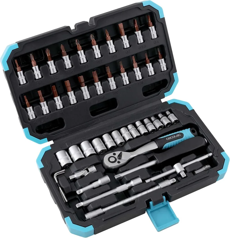 Cecotec ▫️ ToolBox KRK 2200 Mala de ferramentas com 46 peças. Catraca profissional de 72 dentes, soquetes CR-V para serviço pesado, brocas de aço S2, soquetes de aro, maleta para serviço pesado.