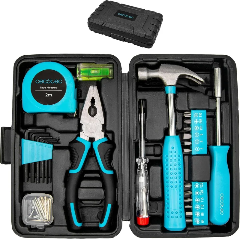 Cecotec ▫️ Caixa de ferramentas de 68 peças ToolBox EasyGo. Estojo ultracompacto e portátil, inclui martelo, fita métrica, chaves de fendas e muito mais, organização interna otimizada, ideal para casa e carro