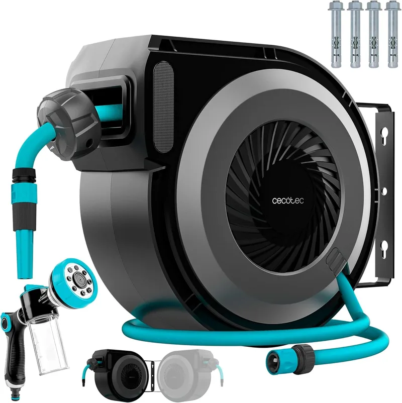 Cecotec ▫️ Enrolador de mangueira 10m HydroShell 100 Pro. Enrolador de mangueira automático com tecnologia SlowReturn e Smooth, portátil com rotação de 180°, pistola de pulverização de 8 funções com depósito de sabão.