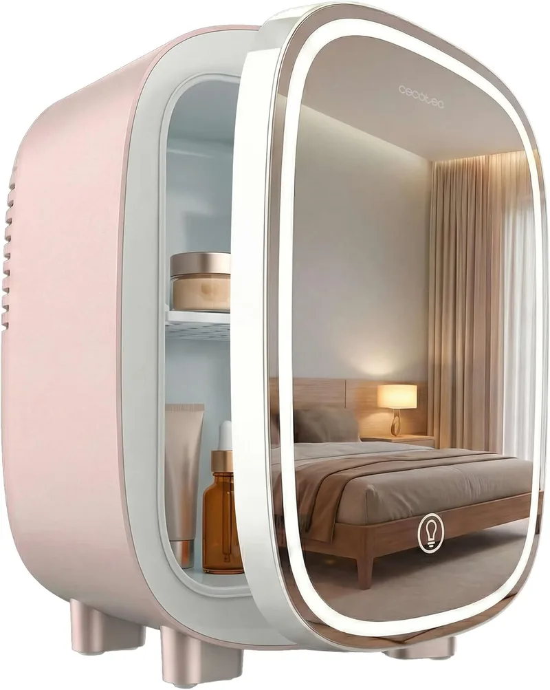 Cecotec ▫️ Pequeno Frigorífico para Cosméticos de 4 L com Espelho CoolingBeauty 4000 Mirror Rose. Luz LED com 3 intensidades, refrigeração até 5 ºC, pega superior, baixo ruído, inclui uma prateleira interior