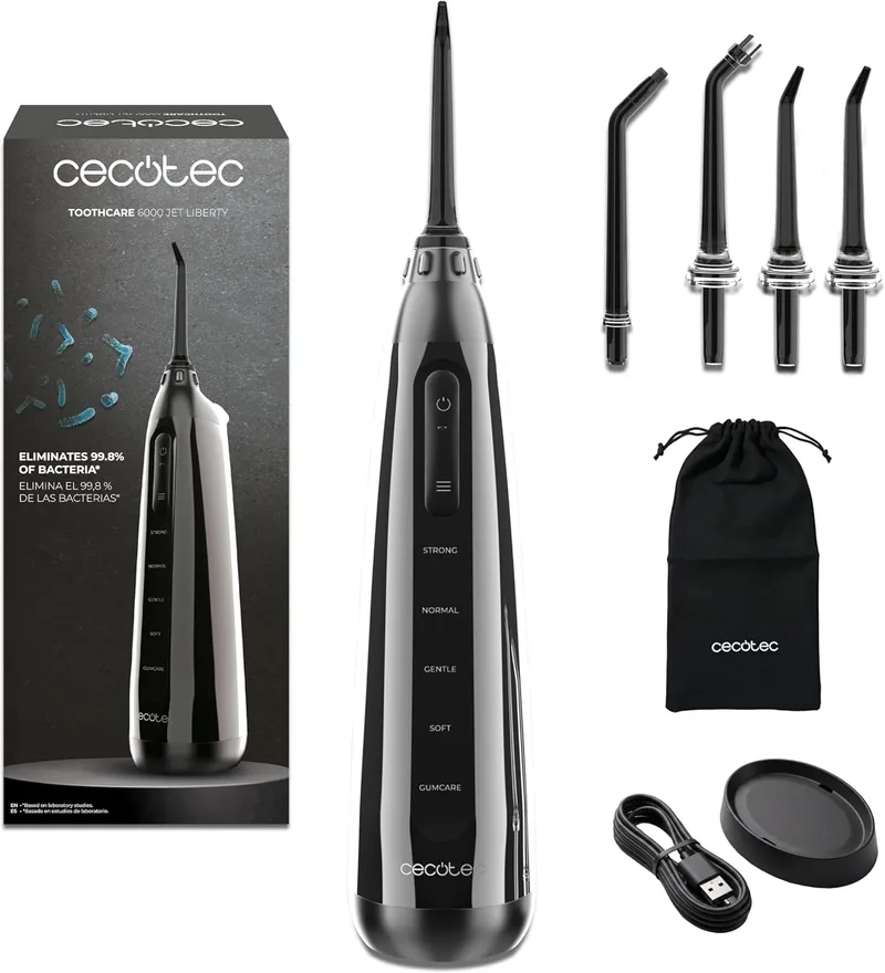 Cecotec ▫️ Irrigador oral portátil ToothCare 6000 Jet Liberty. Irrigador dentário, autonomia de 30 dias, depósito de 180 ml, pressão ajustável de 30 a 80 PSI, bicos magnéticos, frequência de pulsação de 1500 vezes/min, IPX7