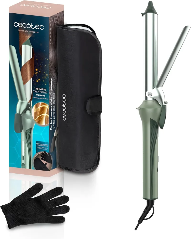 Cecotec ▫️ Modelador de Cabelo com Pinça de 25 mm SurfCare CurlClip Olive. Revestimento de cerâmica, queratina e óleo de argão, aquecimento rápido, 5 níveis de temperatura, luva e bolsa resistentes ao calor