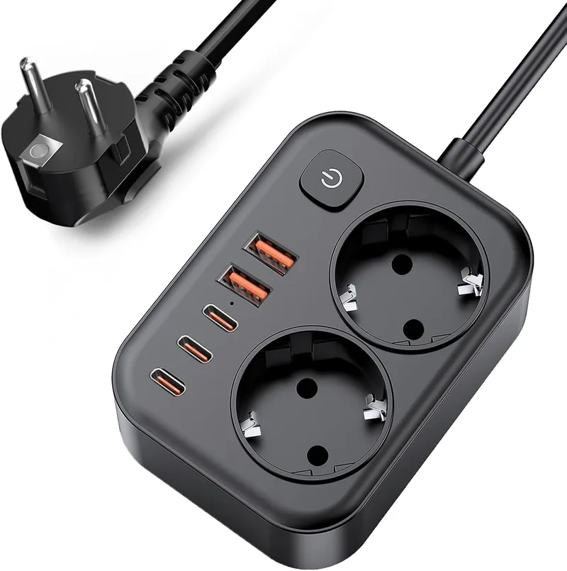 AIVONTE ▫️ Multitoma 7-em-1 com USB-C, carregamento rápido e proteção contra sobretensão, 2 tomadas com interruptor e 5 portas USB (3 USB-C e 2 USB-A), cabo de extensão de 2 m, para casa, escritório e viagens