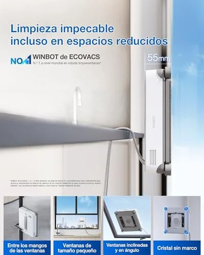 ECOVACS ▫️ Robô de limpeza de vidros WINBOT Mini 2, escovas laterais para cantos e pulverização ultrassónica, ultrafino para janelas estreitas, navegação inteligente, 6 modos na aplicação, proteção em 10 níveis 2