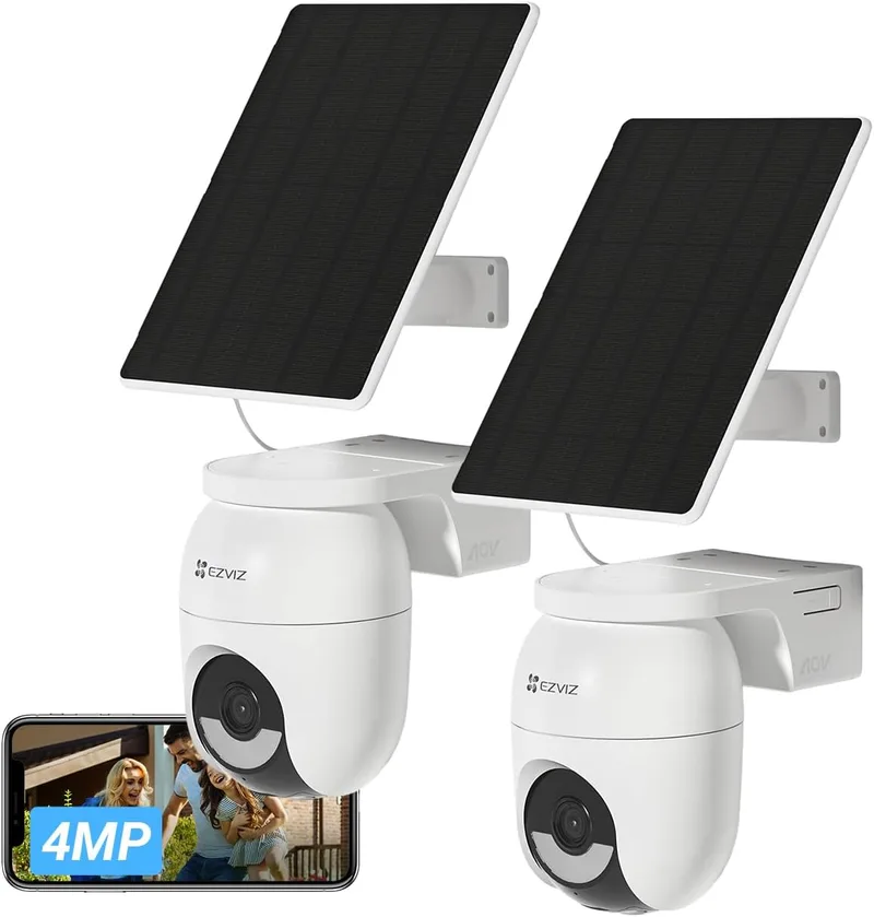 EZVIZ ▫️ 2PK Câmaras de vigilância Wi-Fi de 4 MP, campo de visão de 360°, com bateria de 5200 mAh, deteção de pessoas/veículos, visão noturna a cores, defesa ativa, CB8 Lite + painel solar de 5 W, sem cartão SD