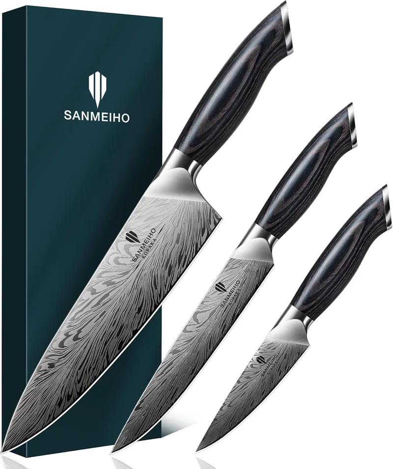 SANMEIHO ▫️ Conjunto de facas de cozinha em aço em pó conjunto de facas de cozinha de 3 peças super afiadas e resistentes, cabo de madeira ergonómico, faca de chef, faca universal e faca de aparar